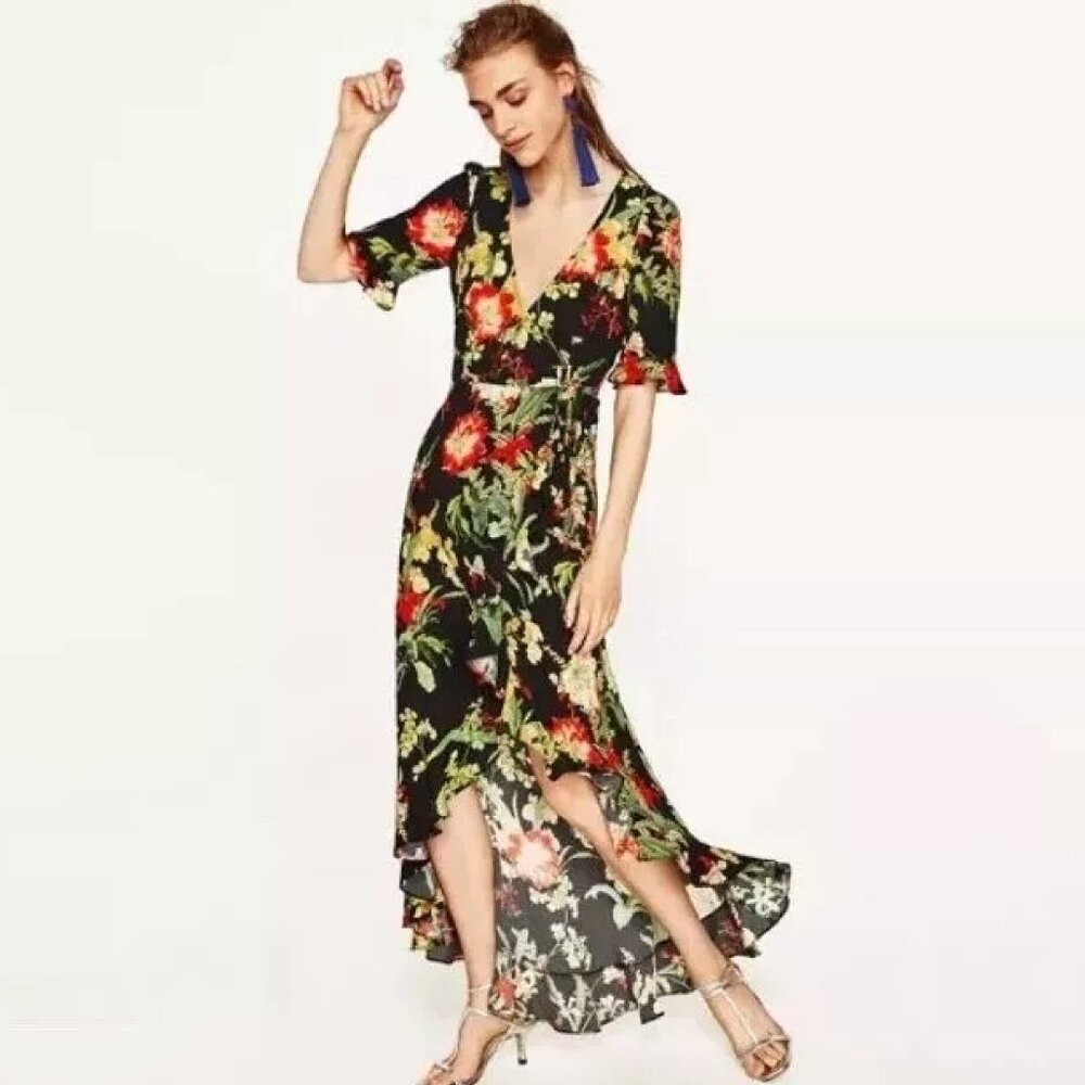 Zara Long Ruffled Wrap Dress – Black, Red & Green Floral, Size M